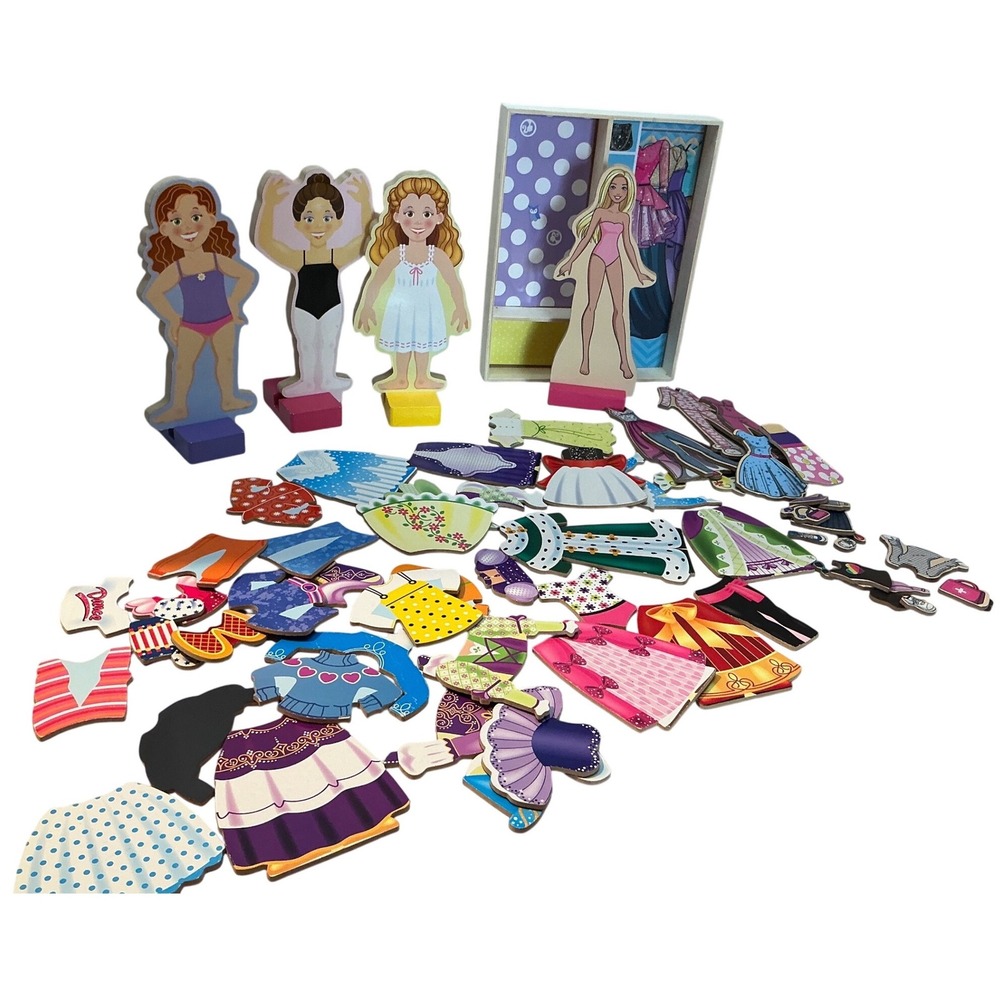 Barbie & Friends Magnetic Wooden Dress Up Doll Set 4 Dolls Outfits Accessories